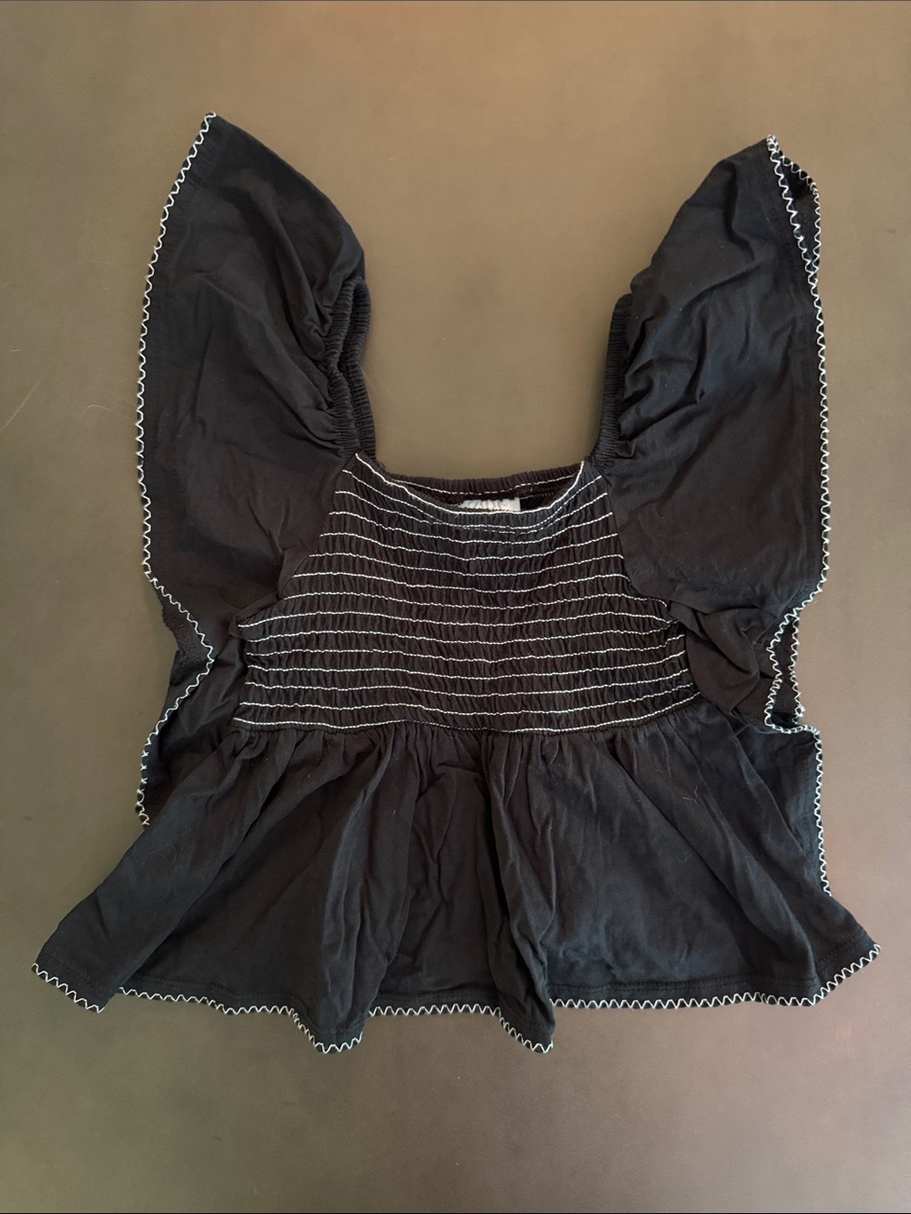 Zara Black Smocked Flutter-Sleeve Peplum Top with White Trim